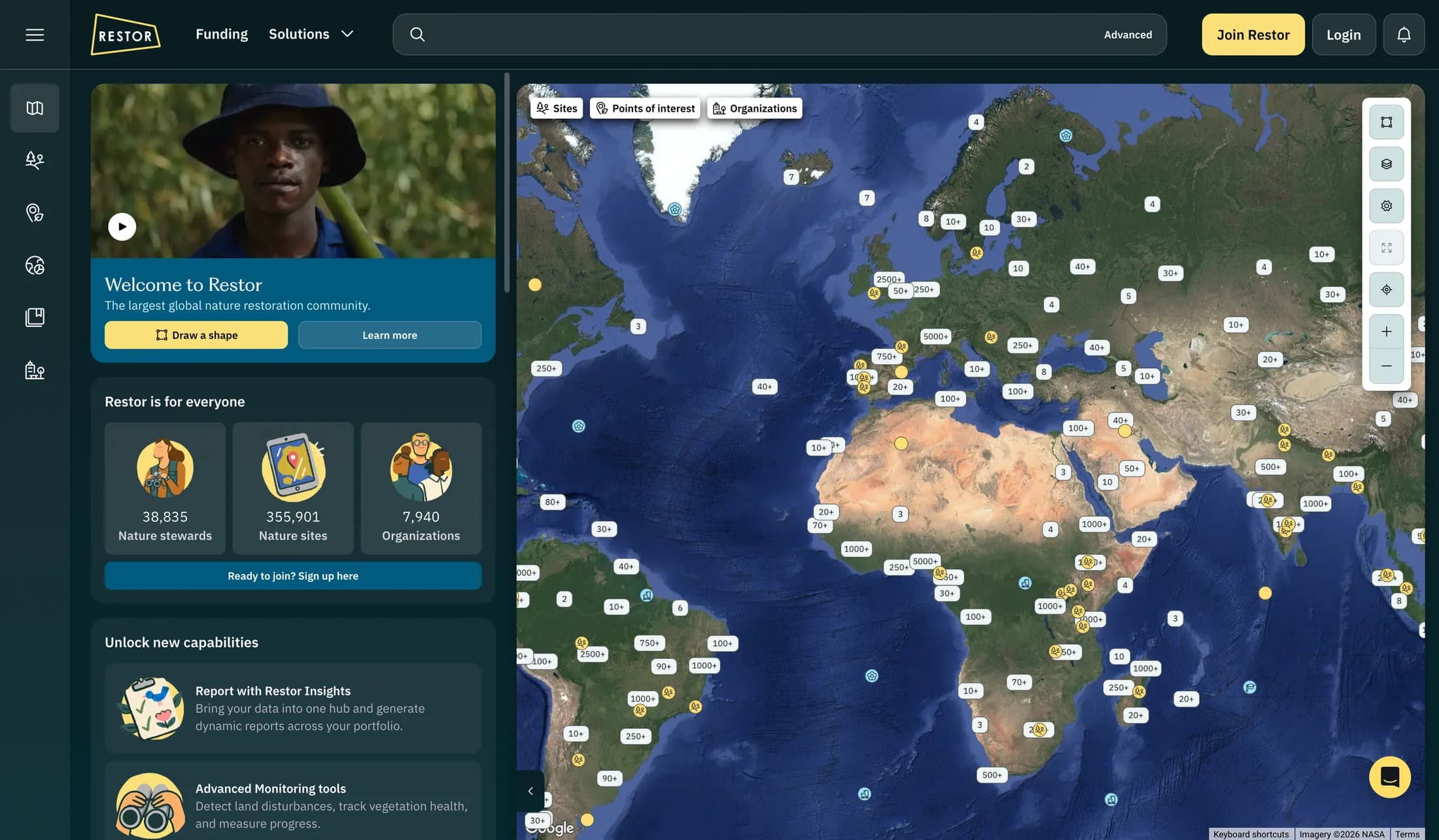 The Restor map: a satellite world map with clustered restoration sites, next to a welcome panel