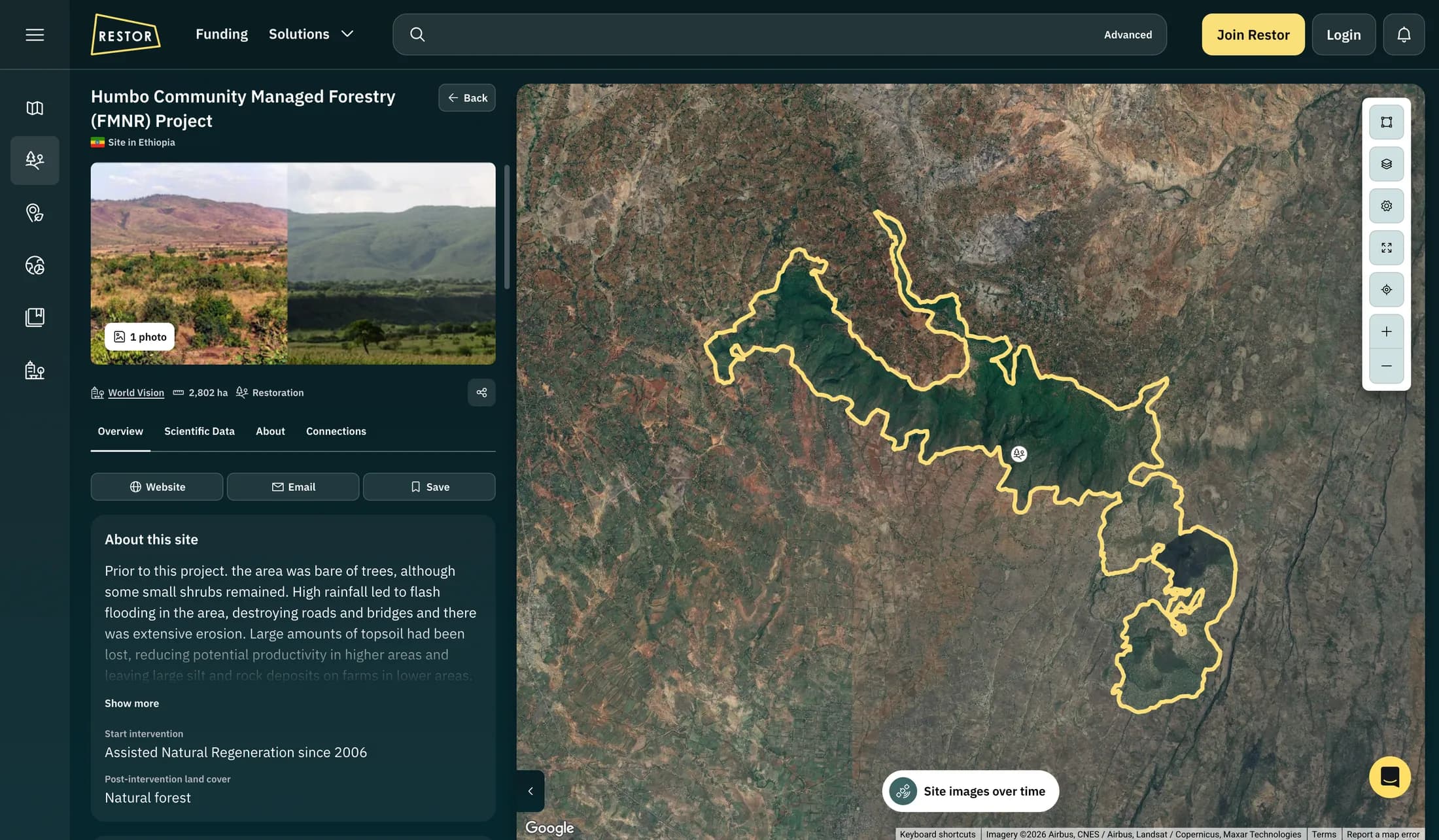 A Restor site page: a forestry project in Ethiopia, its boundary outlined on satellite imagery, with photos and project details